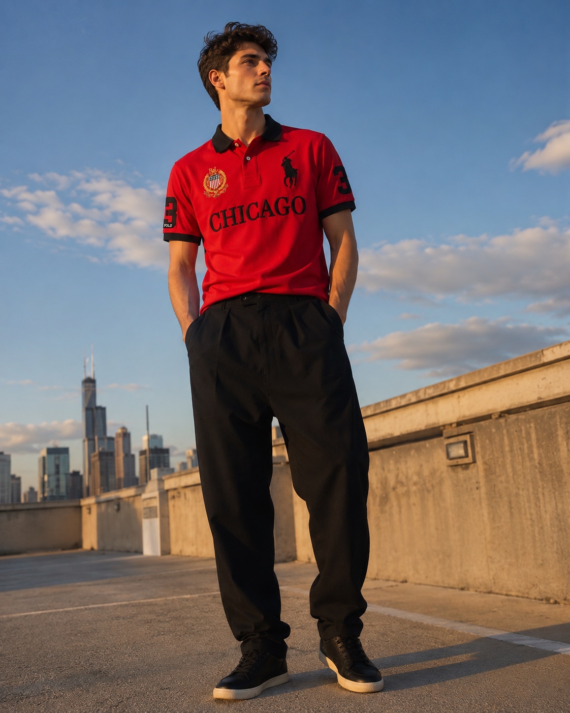 Chicago red Remir polo at sunset