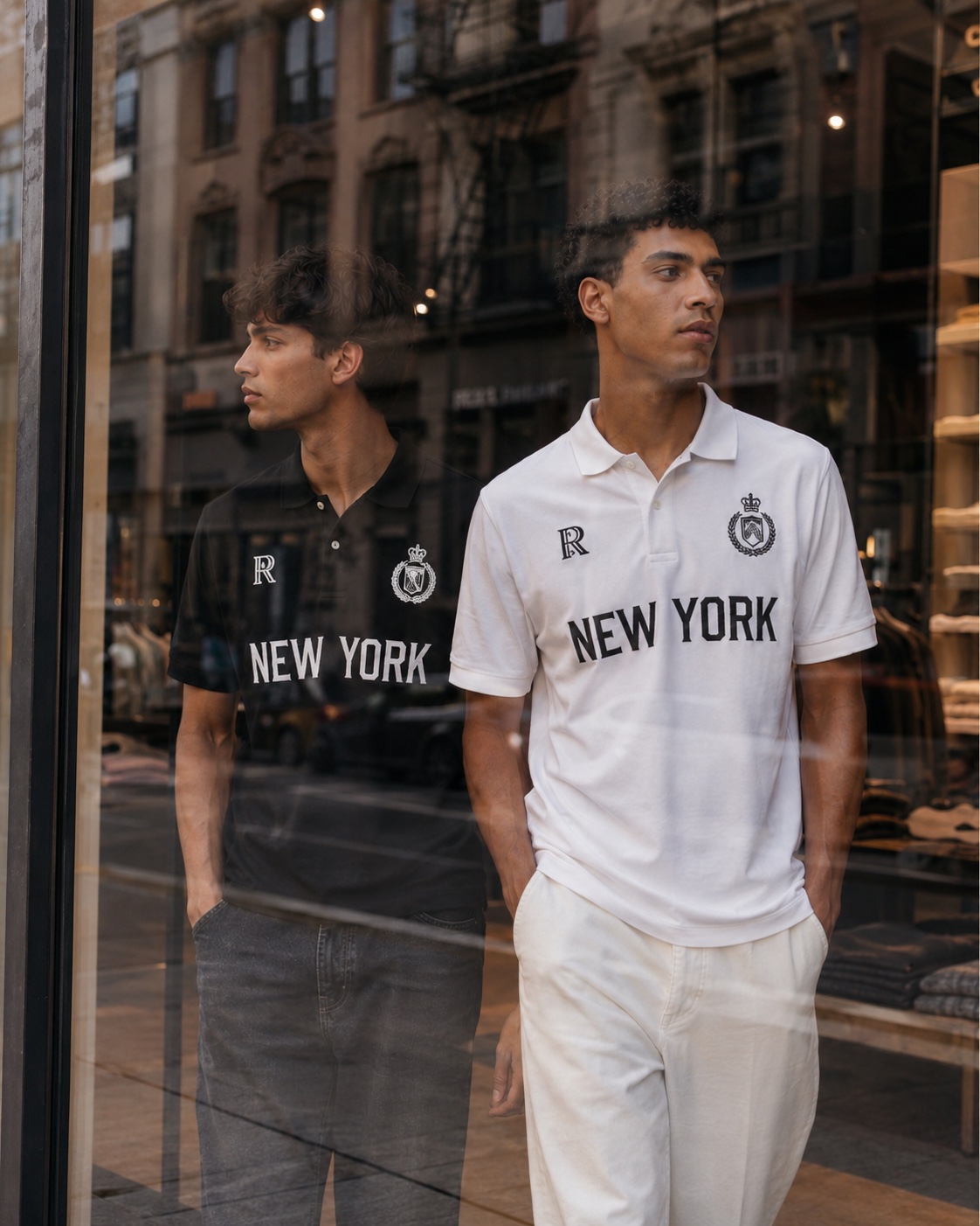 Black and white New York Remir polos outside a storefront