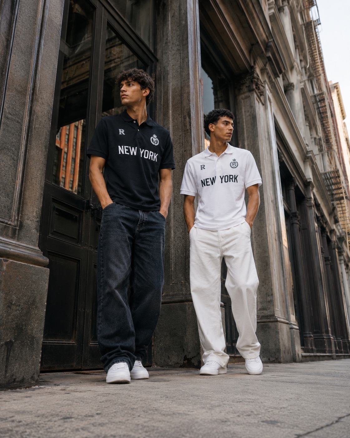 Two Remir polos outside an old city building