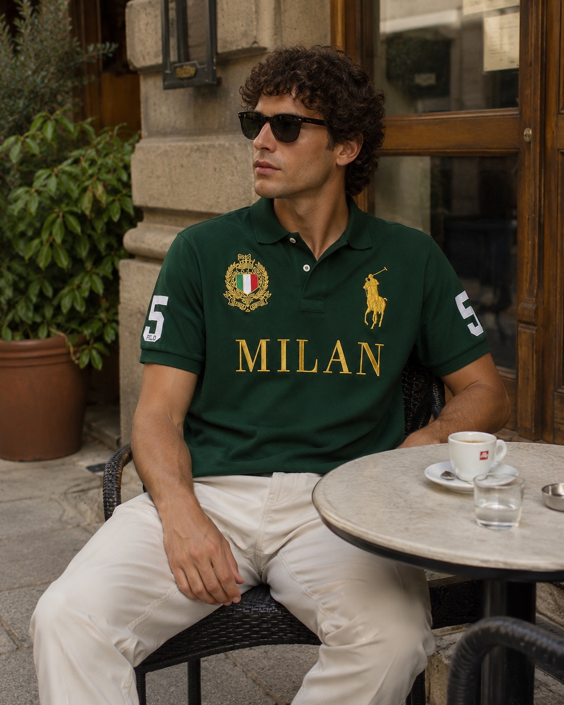 Milan green Remir polo at an outdoor cafe
