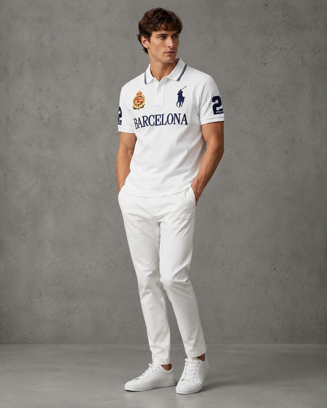 Barcelona White polo on model angled photo