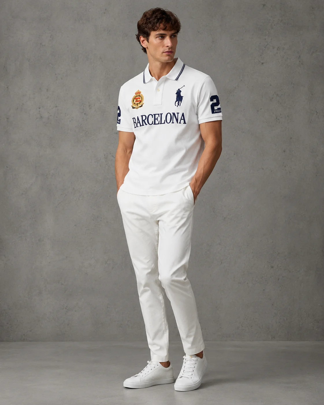 Barcelona White polo on model angled photo
