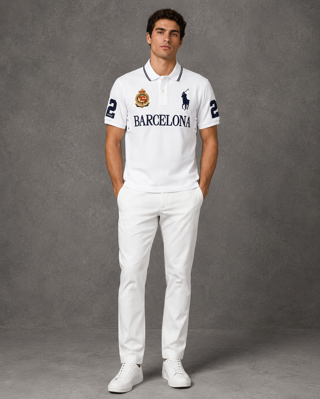 Barcelona White polo on model front photo