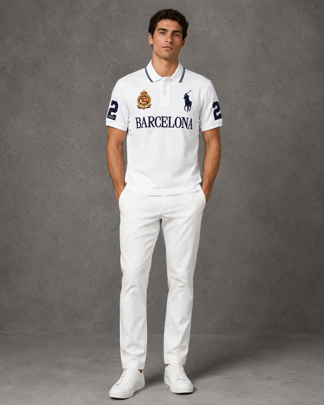 Barcelona White polo on model front photo