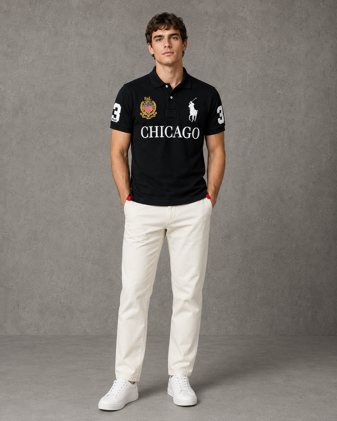 Chicago Black polo on model angled photo