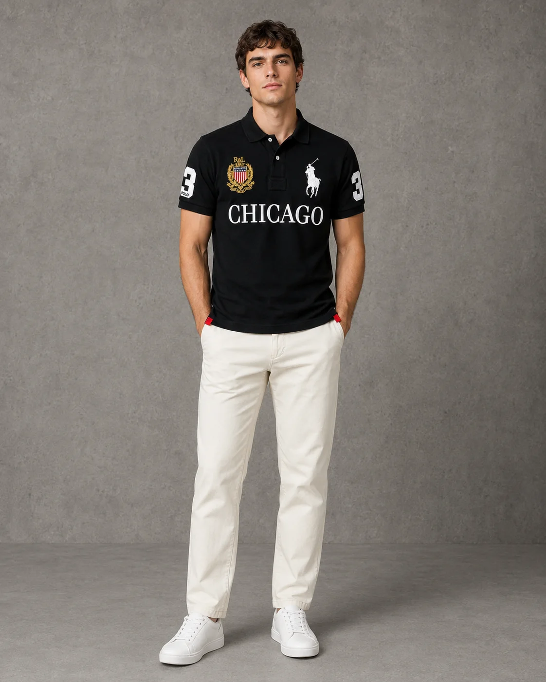 Chicago Black polo on model angled photo