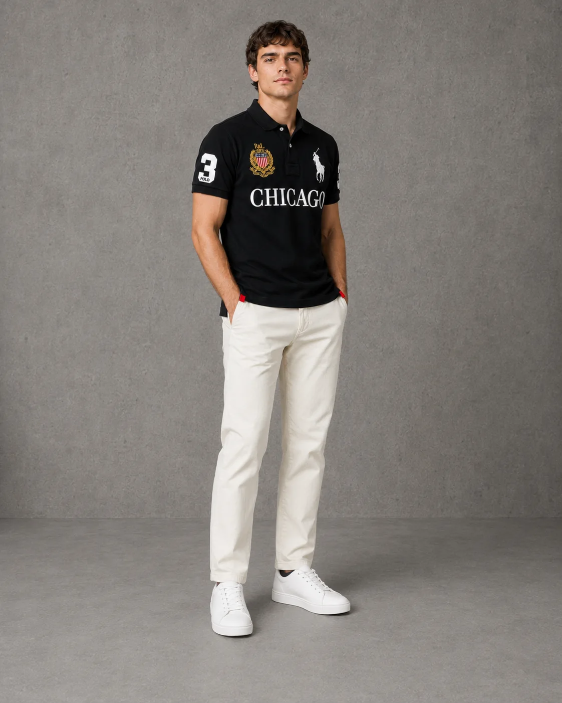 Chicago Black polo on model front photo