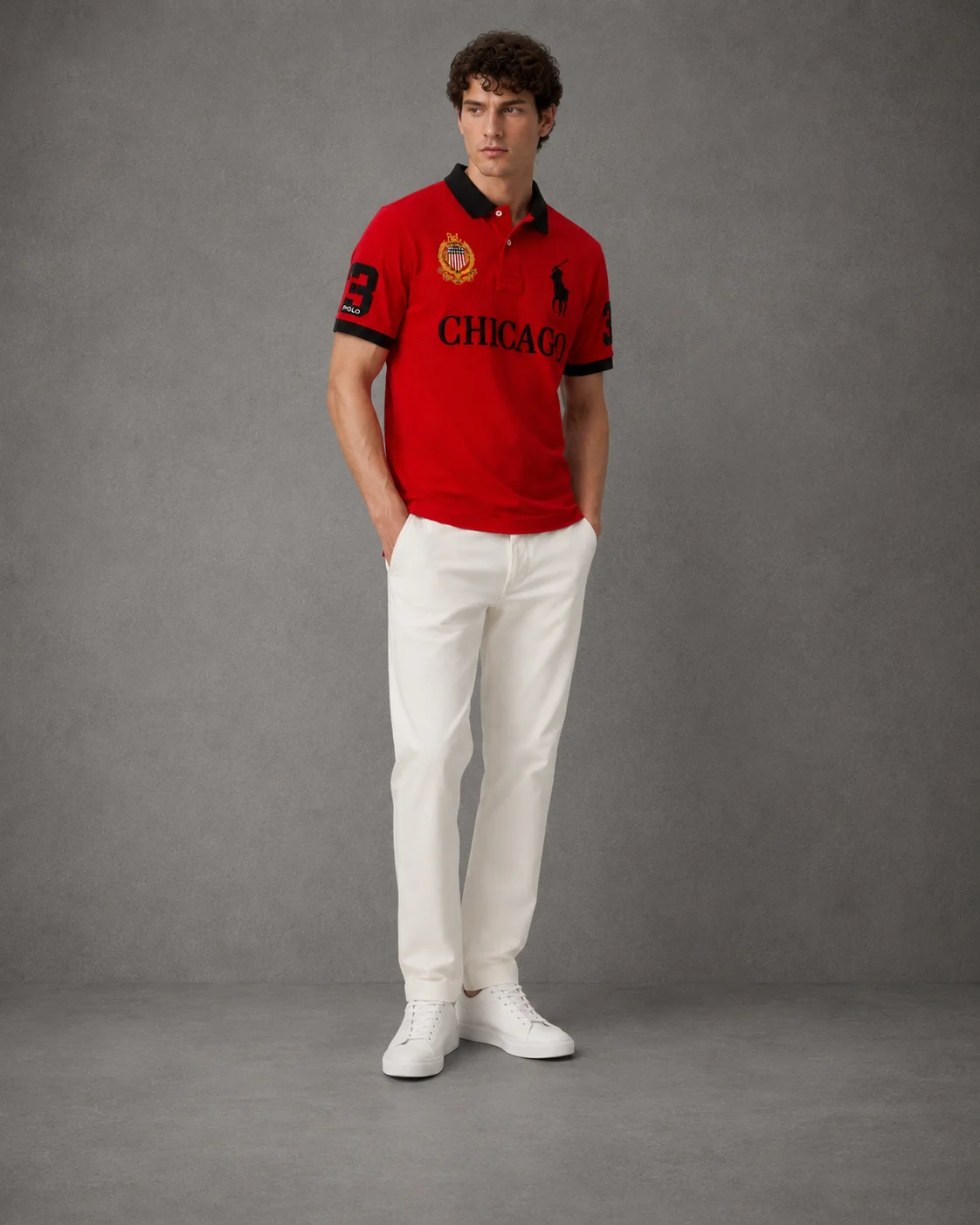 Chicago Red polo on model angled photo