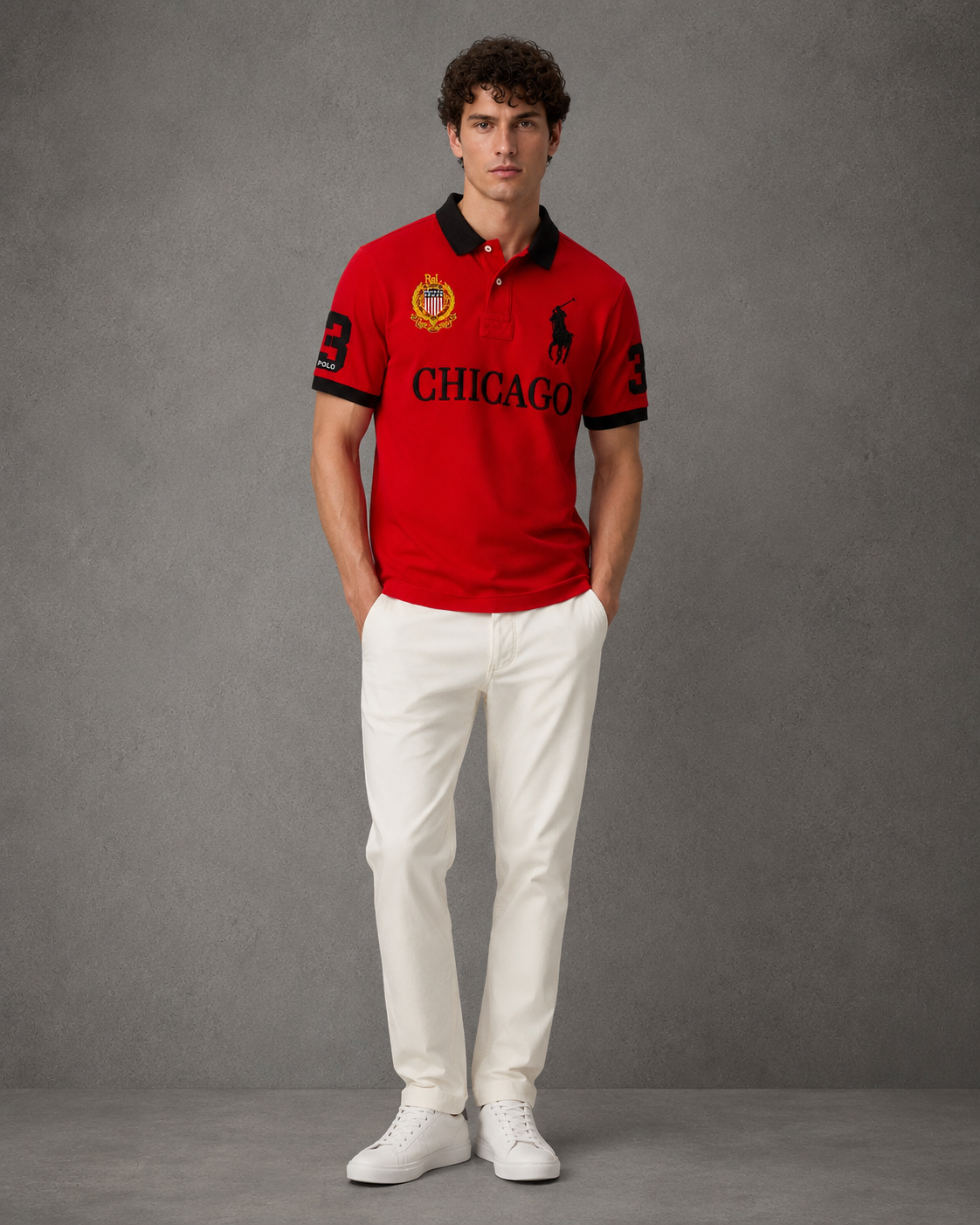 Chicago Red polo on model front photo