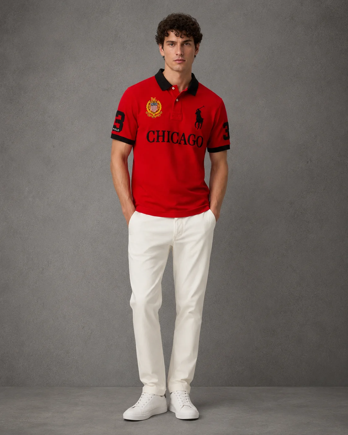 Chicago Red polo on model front photo