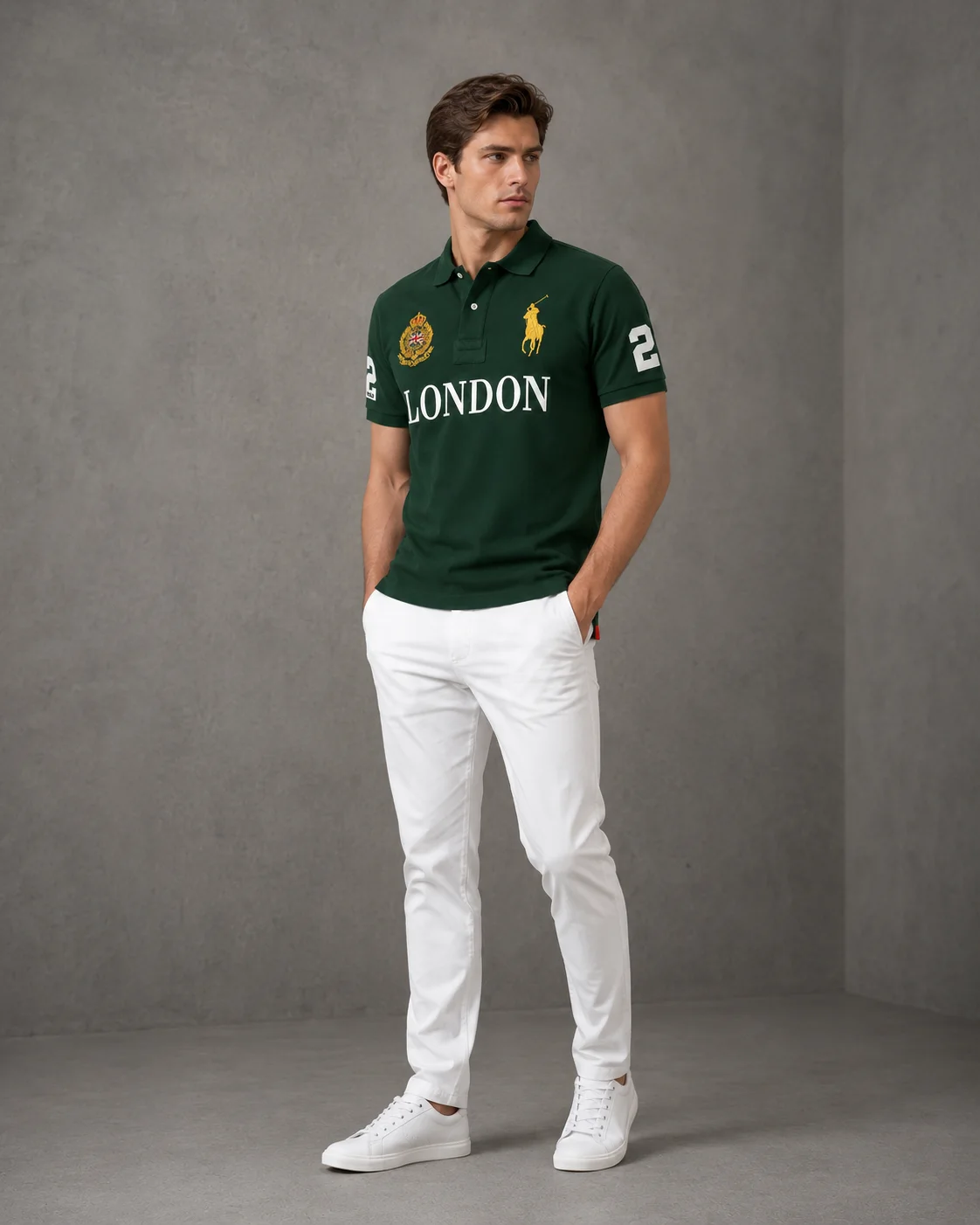 London Green polo on model angled photo