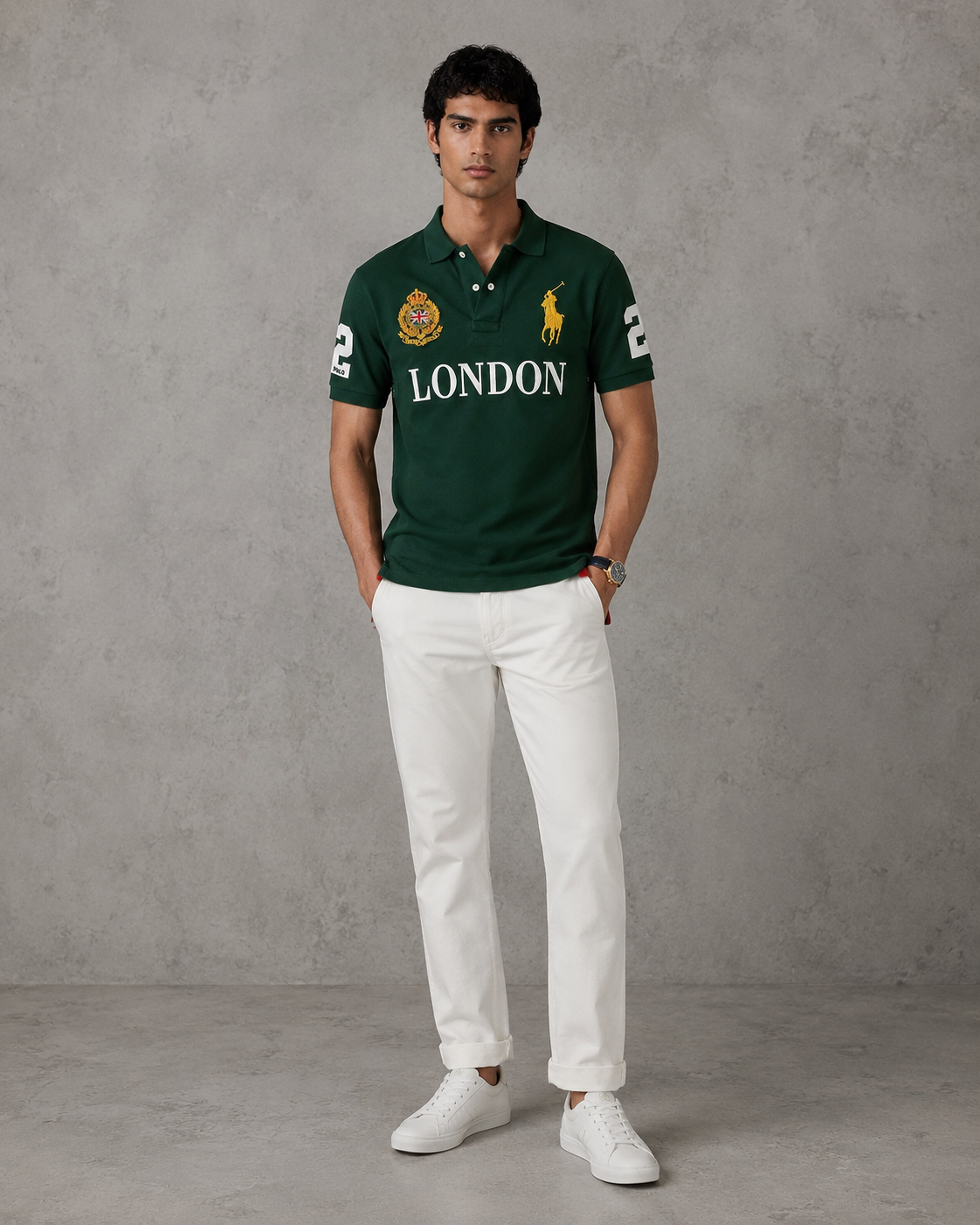 London Green polo on model front photo