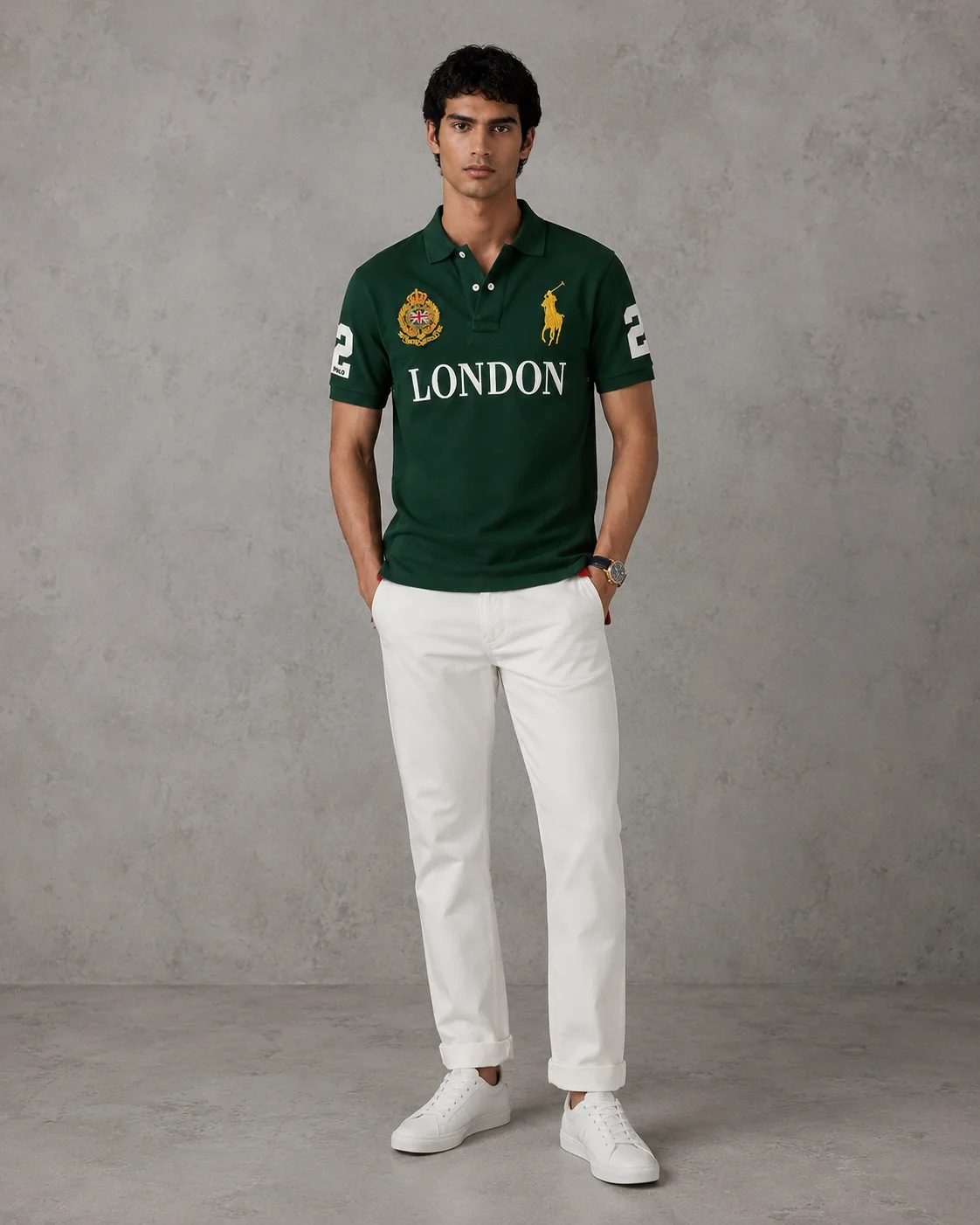 London Green polo on model front photo