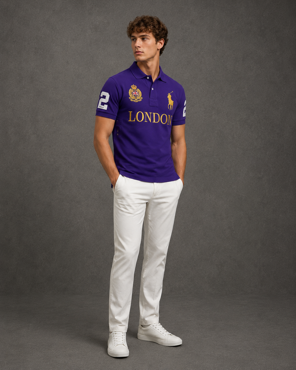 London Purple polo on model angled photo