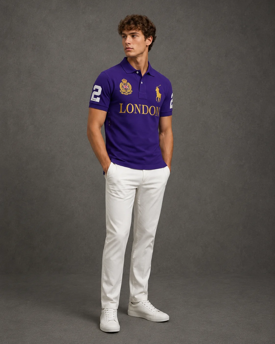 London Purple polo on model angled photo