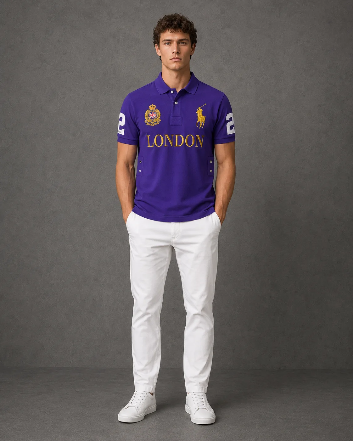 London Purple polo on model front photo