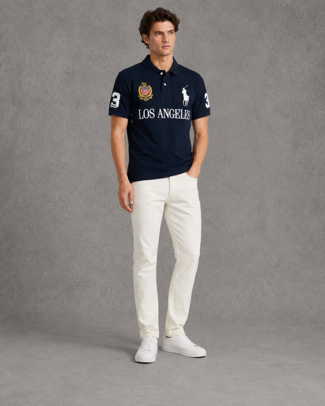 Los Angeles Navy polo on model angled photo