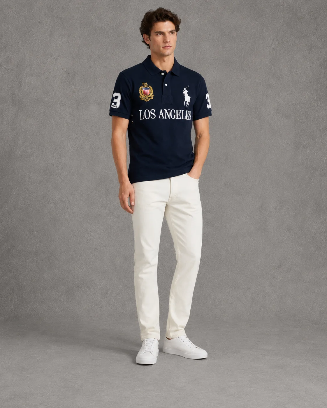 Los Angeles Navy polo on model angled photo