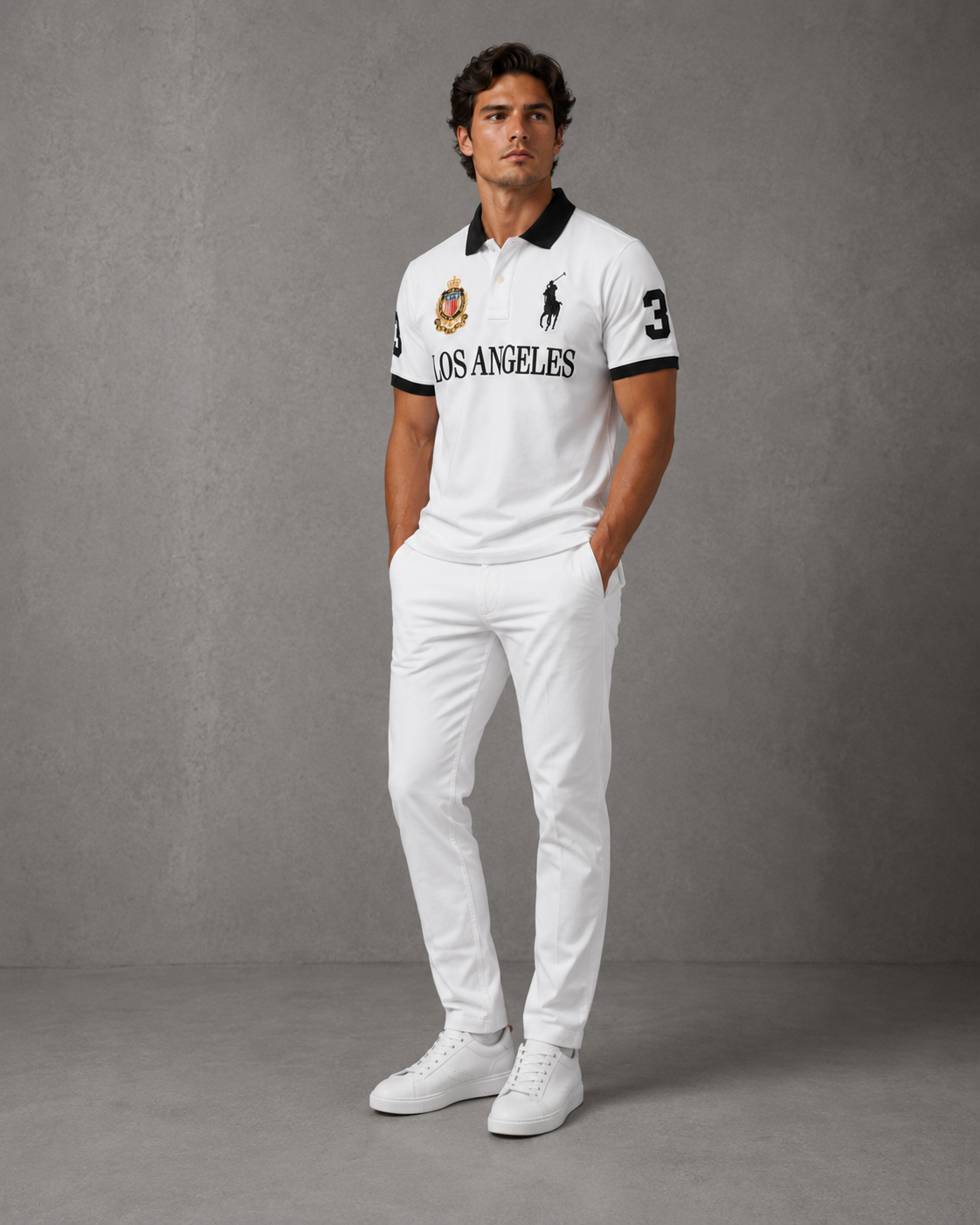Los Angeles White polo on model angled photo