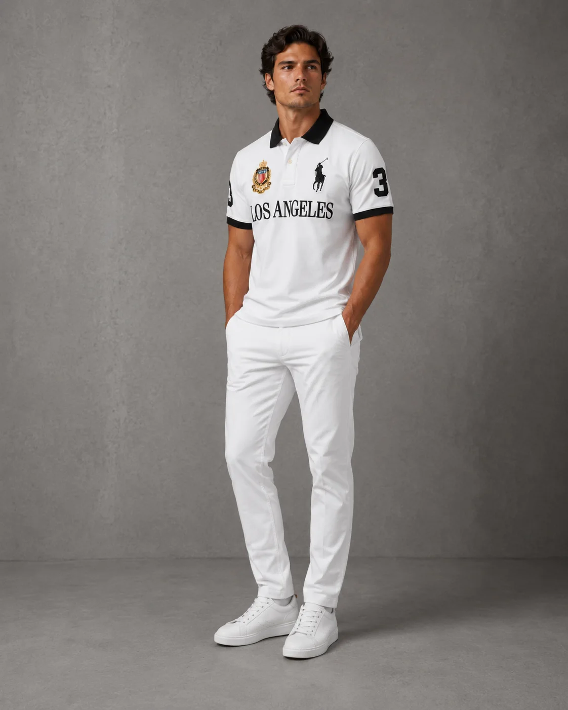 Los Angeles White polo on model angled photo