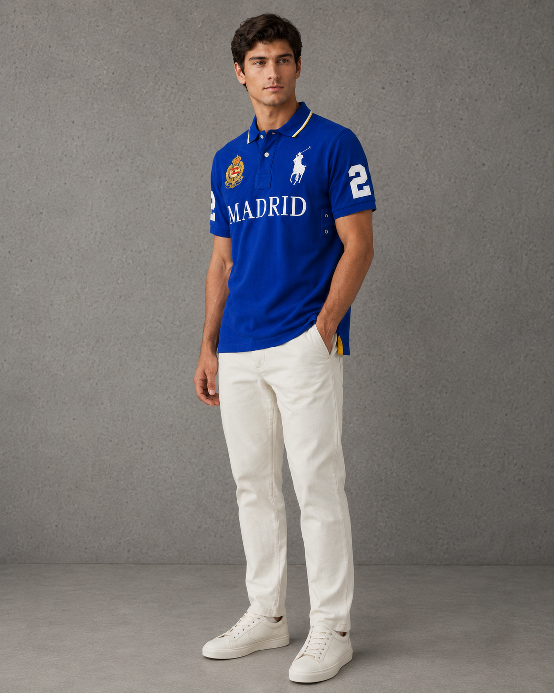 Madrid Blue polo on model angled photo