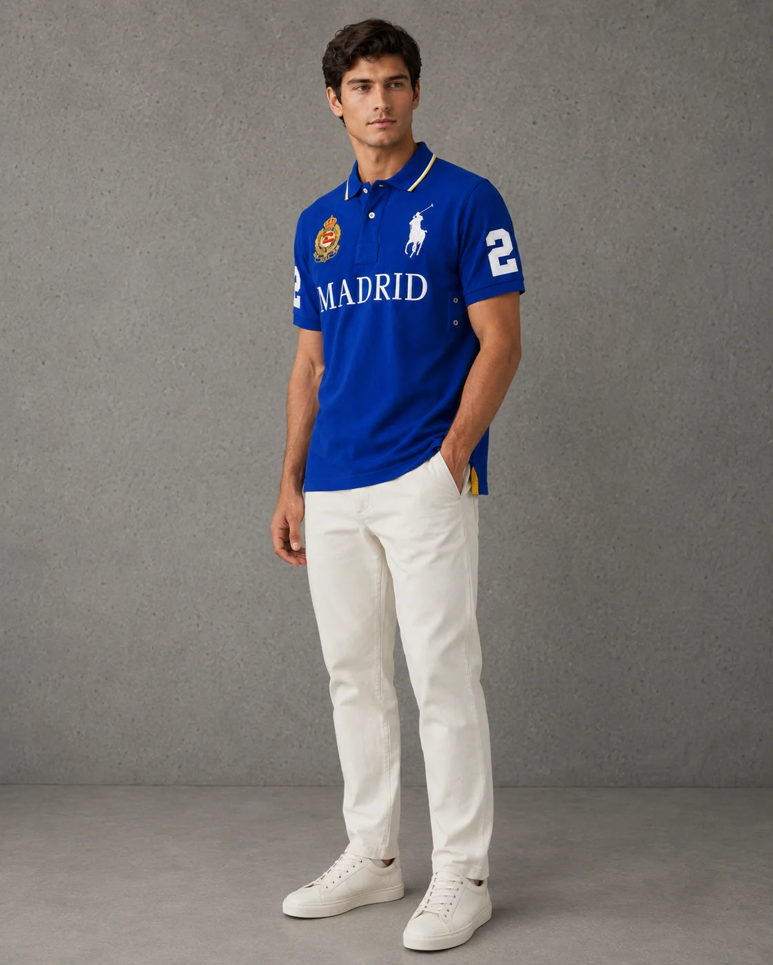 Madrid Blue polo on model angled photo