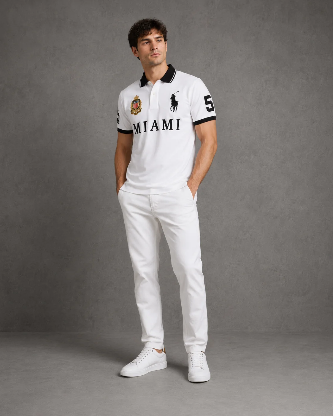 Miami White polo on model angled photo