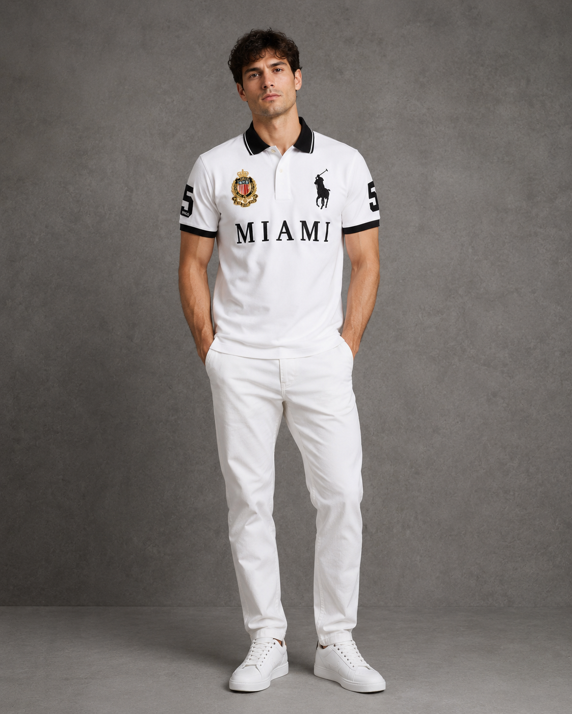 Miami White polo on model front photo