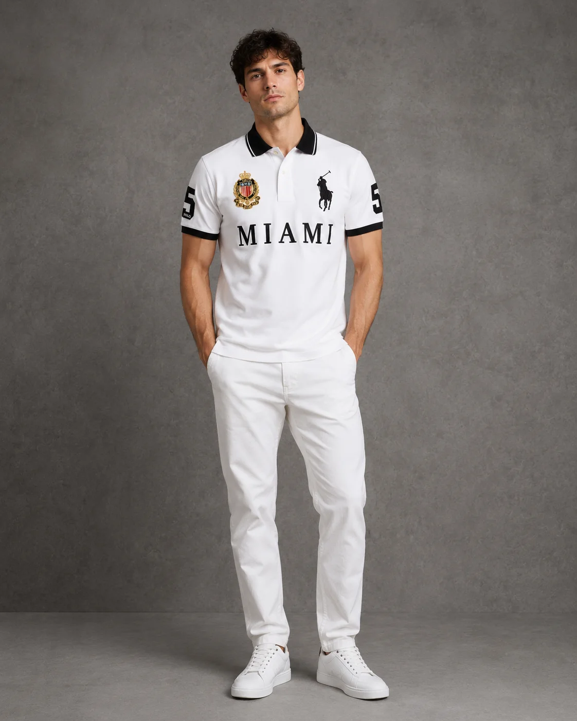 Miami White polo on model front photo