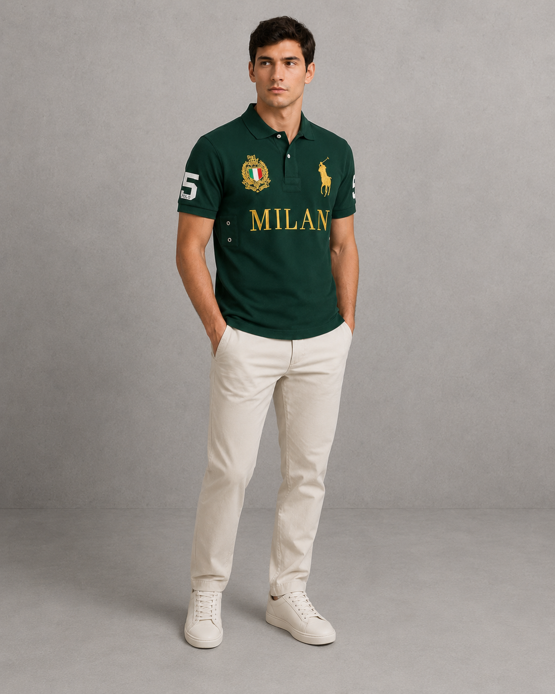 Milan Green polo on model angled photo