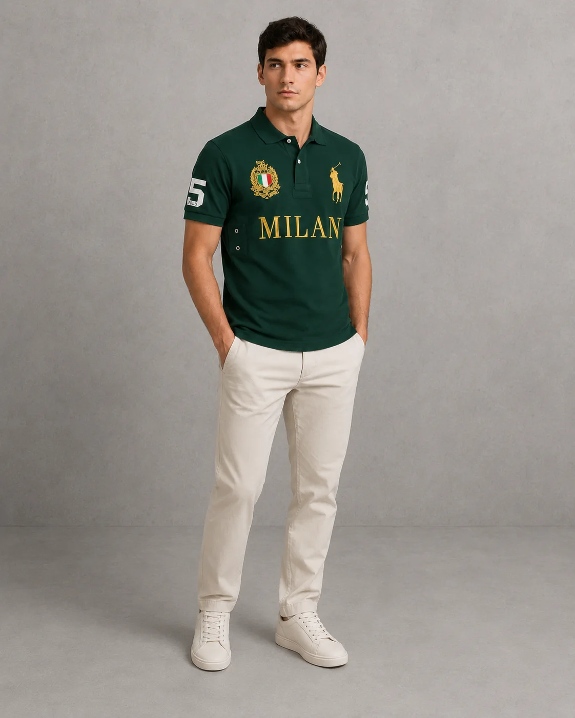 Milan Green polo on model angled photo