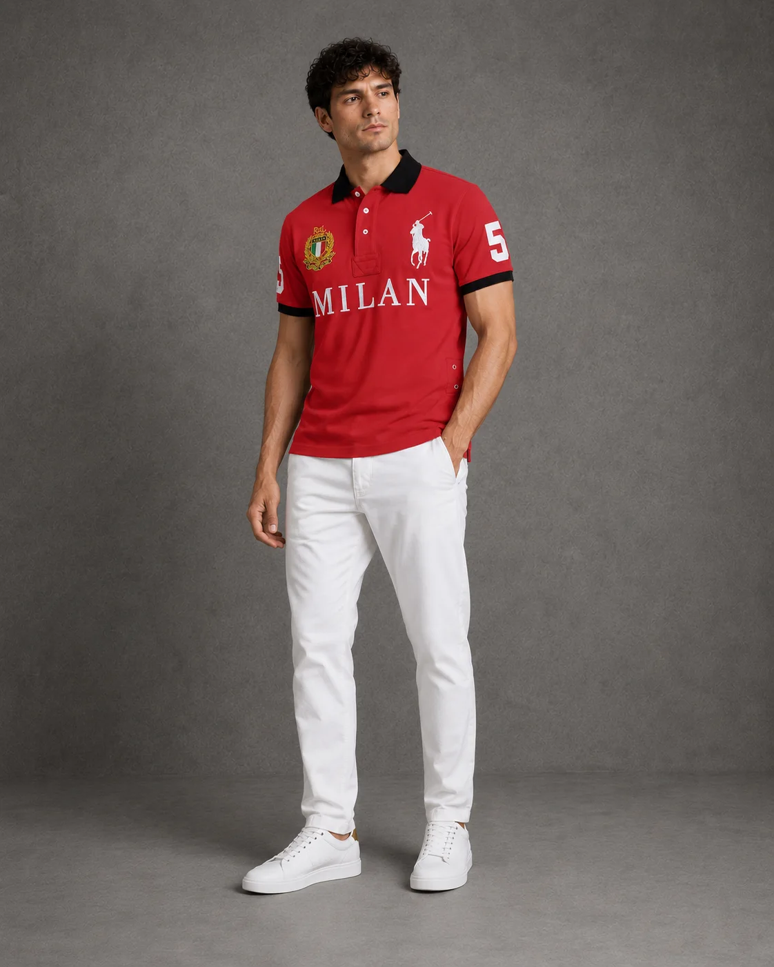Milan Red polo on model angled photo