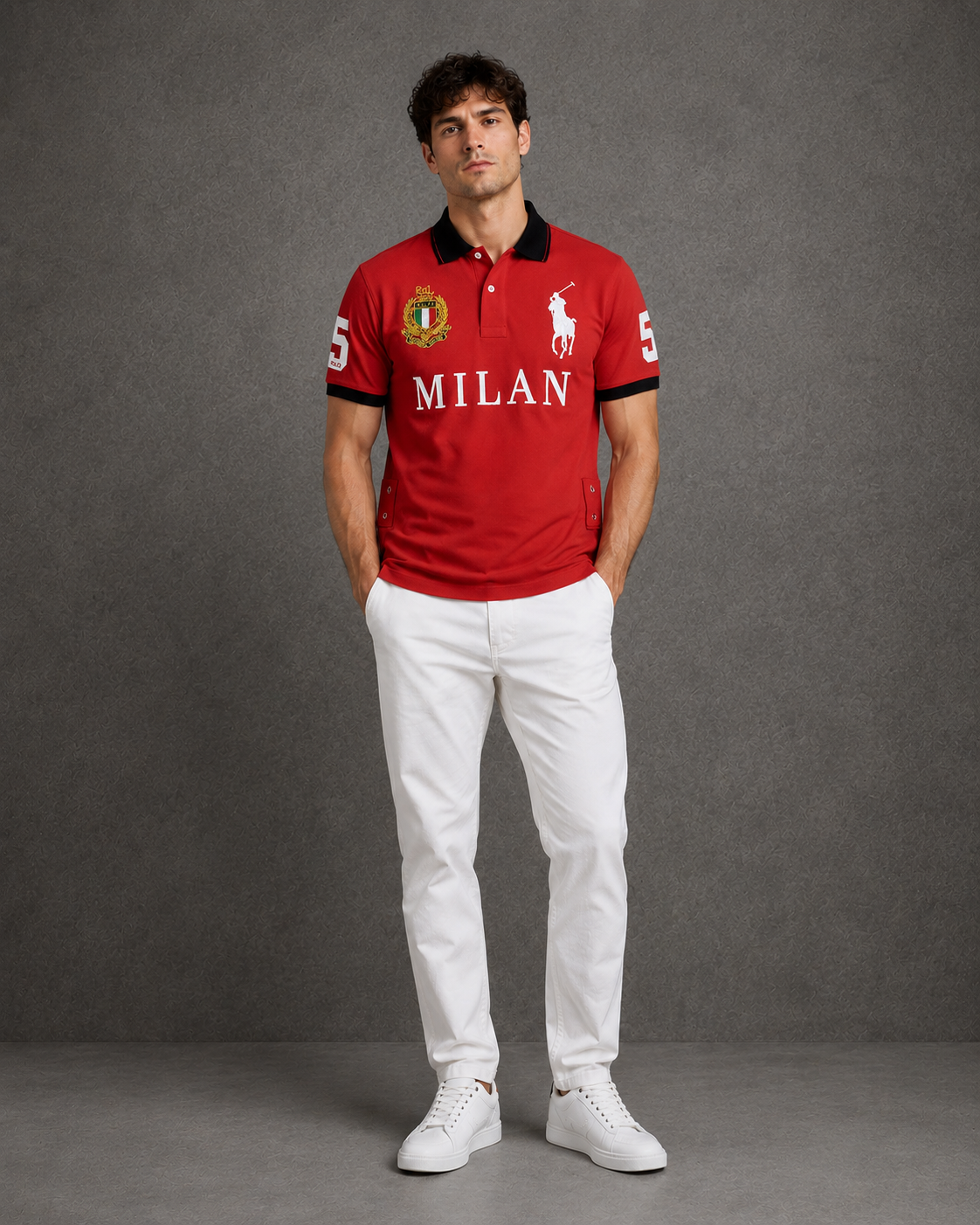 Milan Red polo on model front photo