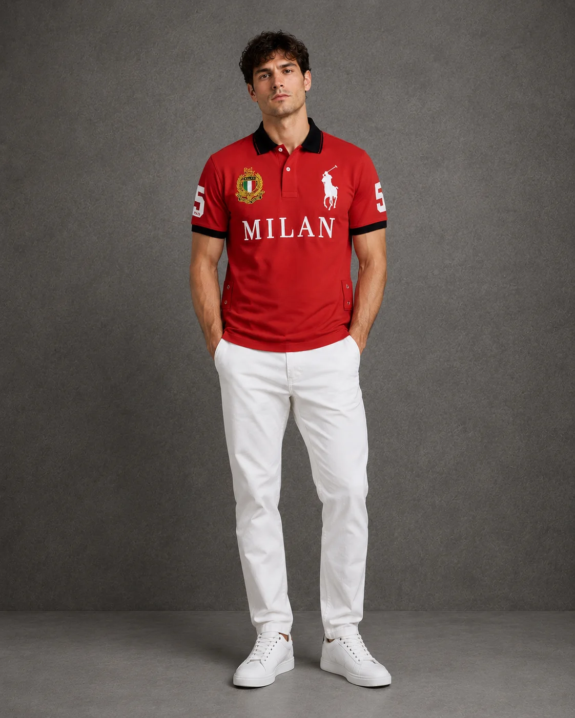 Milan Red polo on model front photo