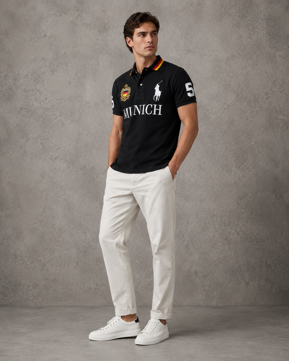 Munich Black polo on model angled photo