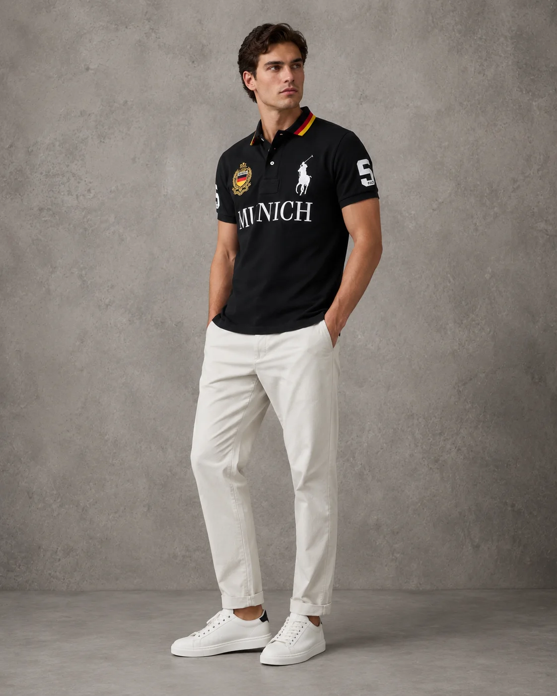 Munich Black polo on model angled photo