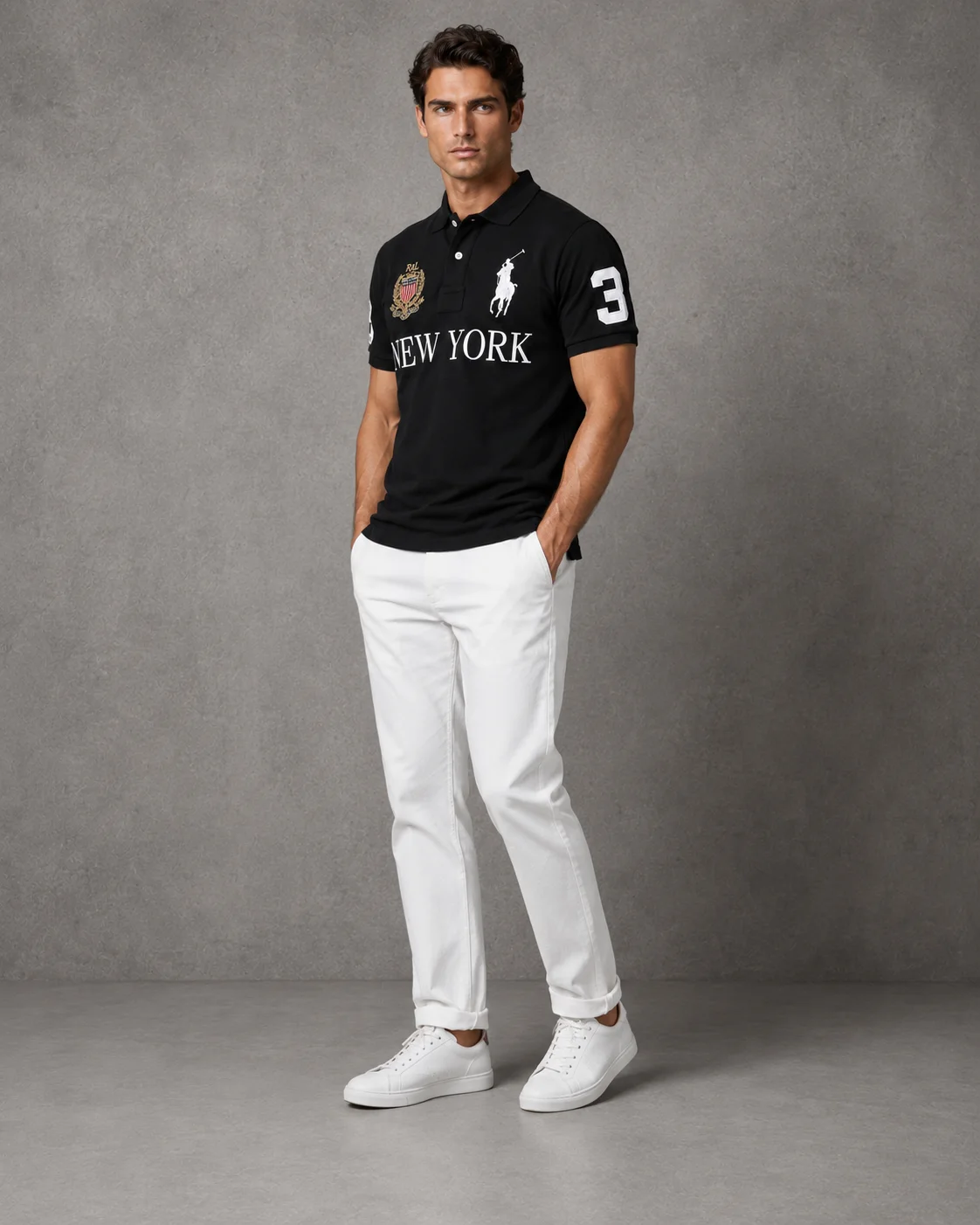 New York Black polo on model angled photo