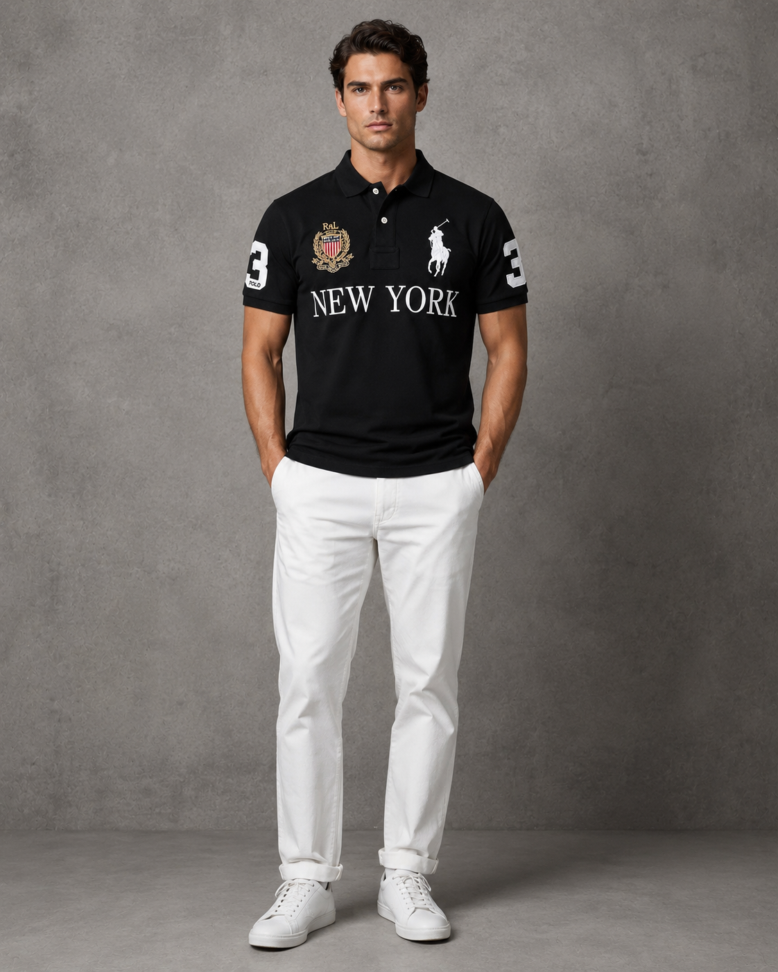 New York Black polo on model front photo