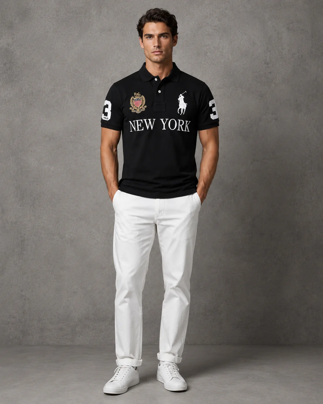 New York Black polo on model front photo