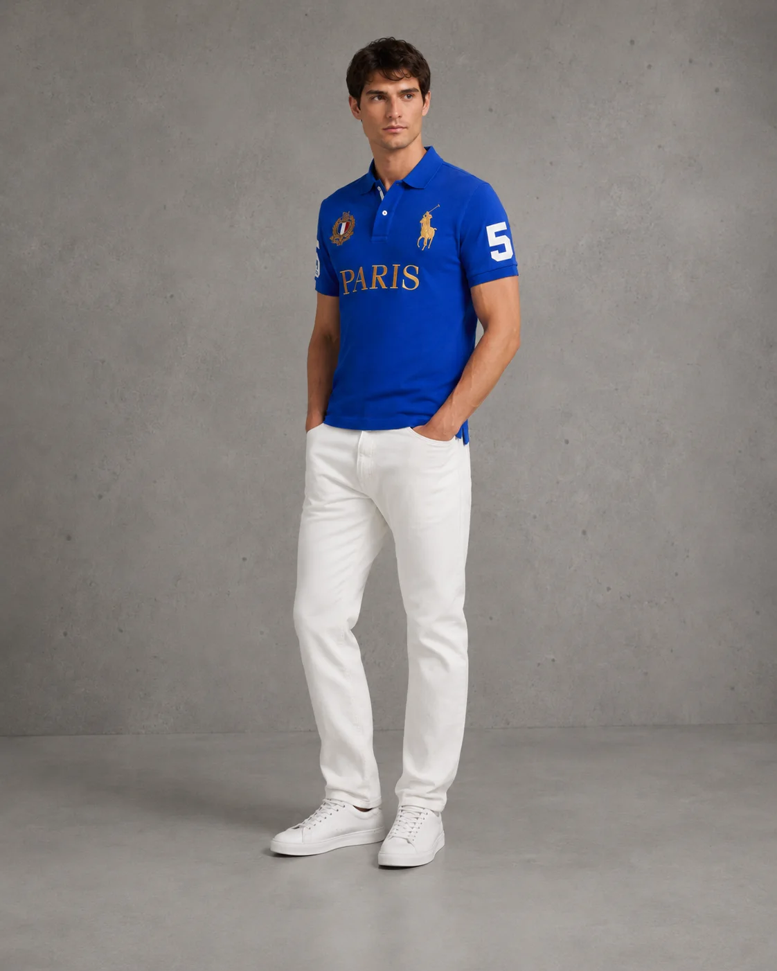 Paris Blue polo on model angled photo