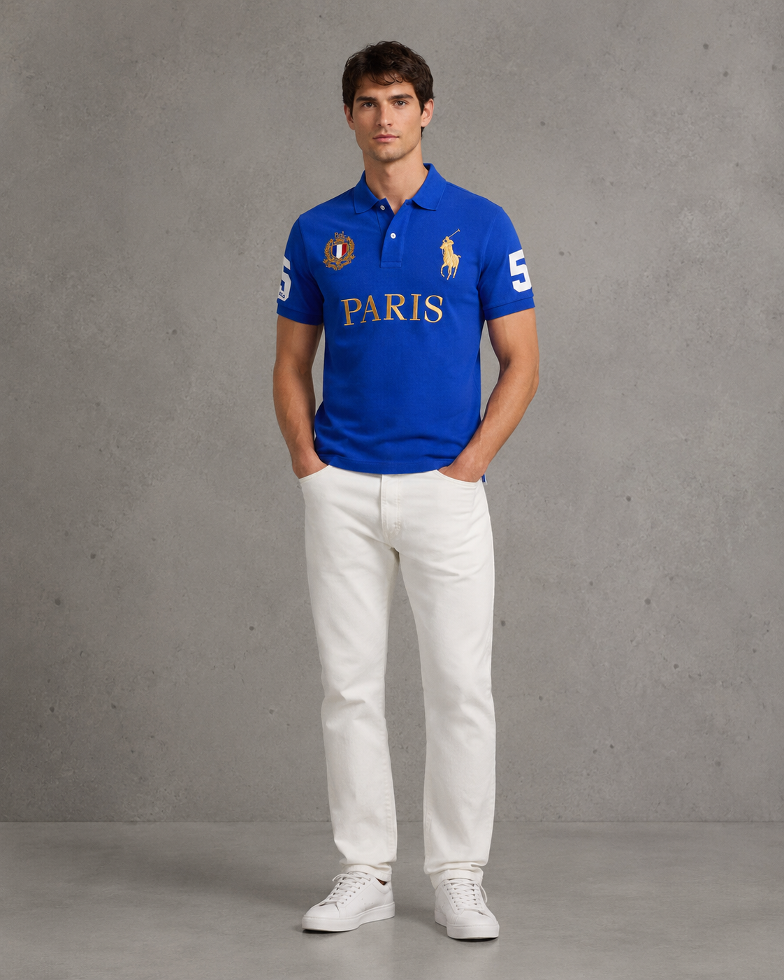 Paris Blue polo on model front photo