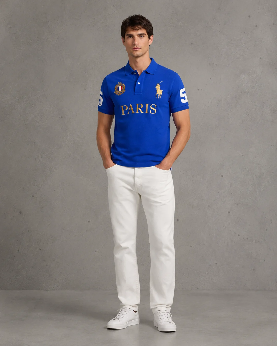 Paris Blue polo on model front photo