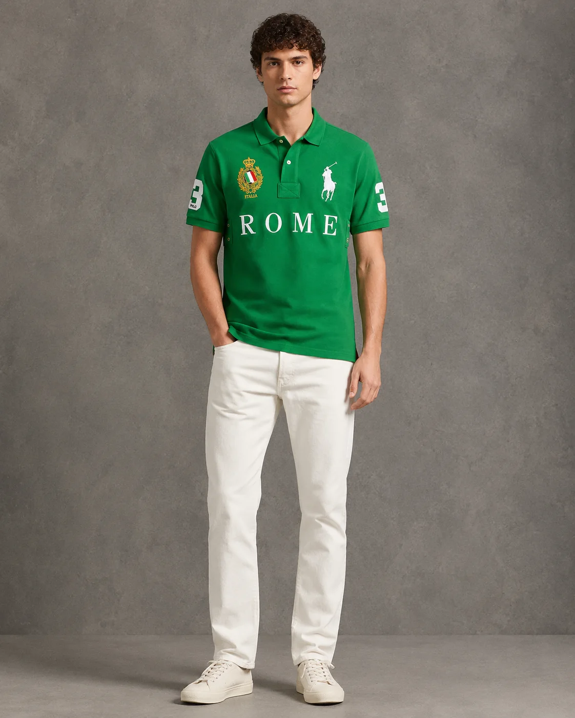 Rome Green polo on model angled photo