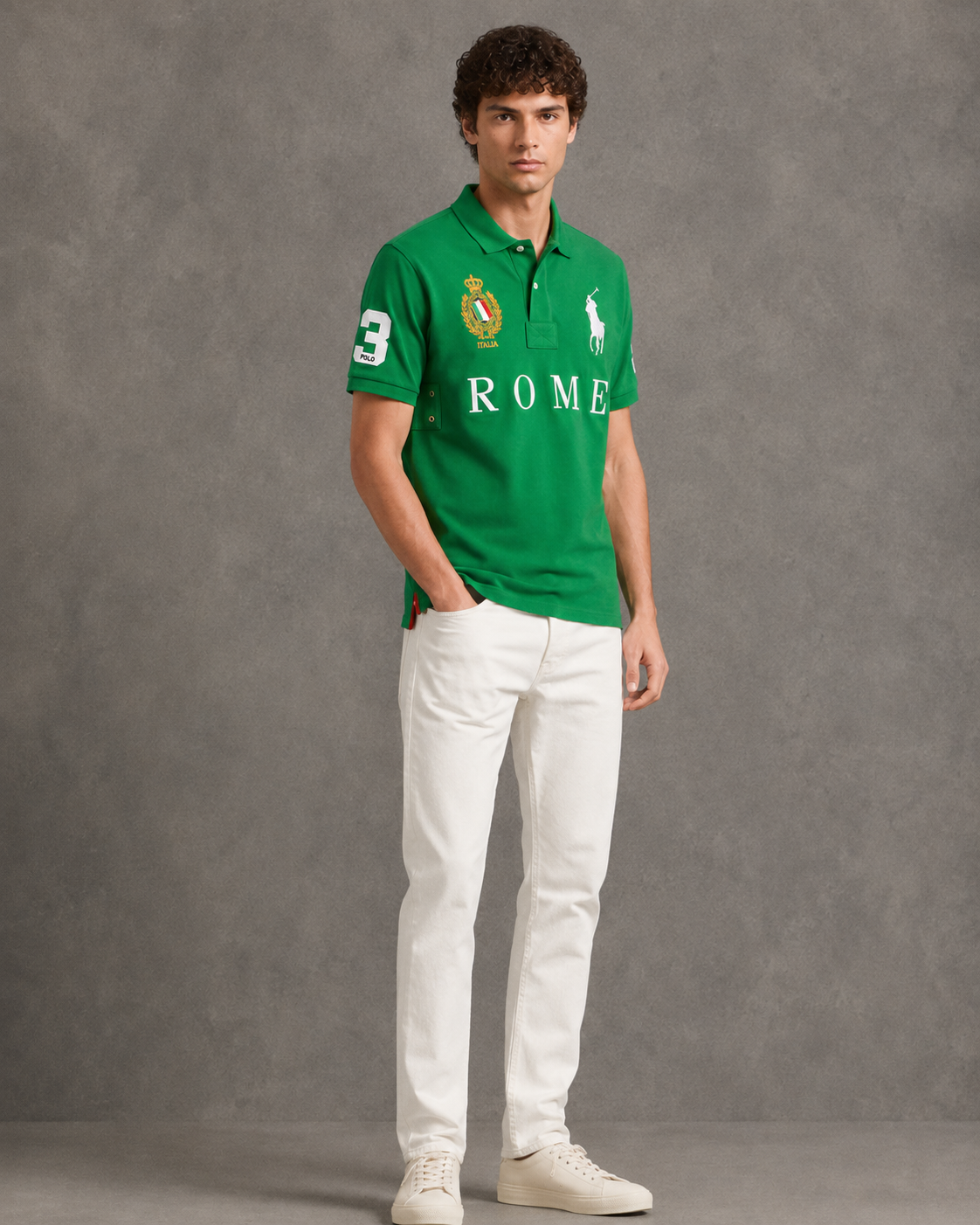 Rome Green polo on model front photo