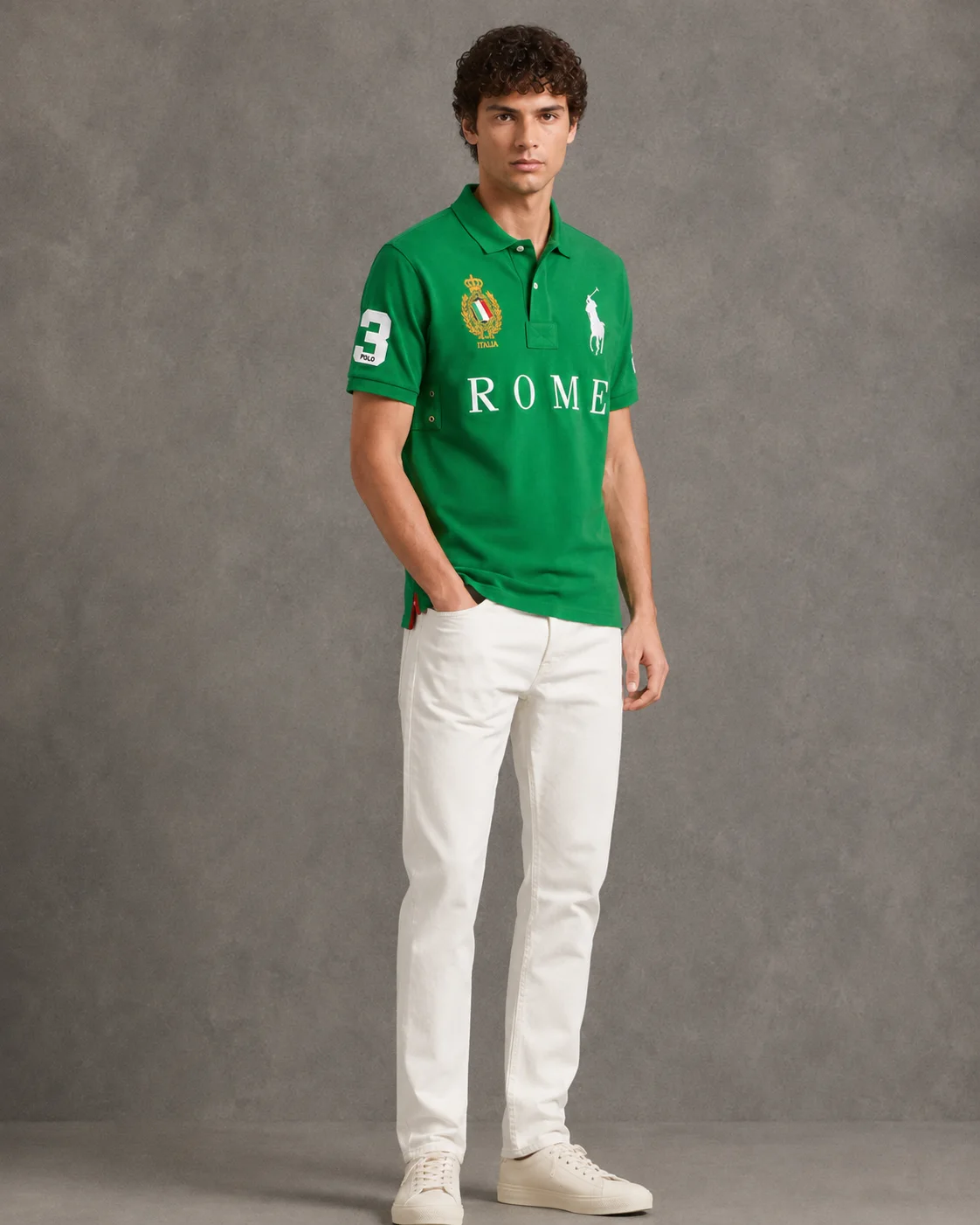 Rome Green polo on model front photo