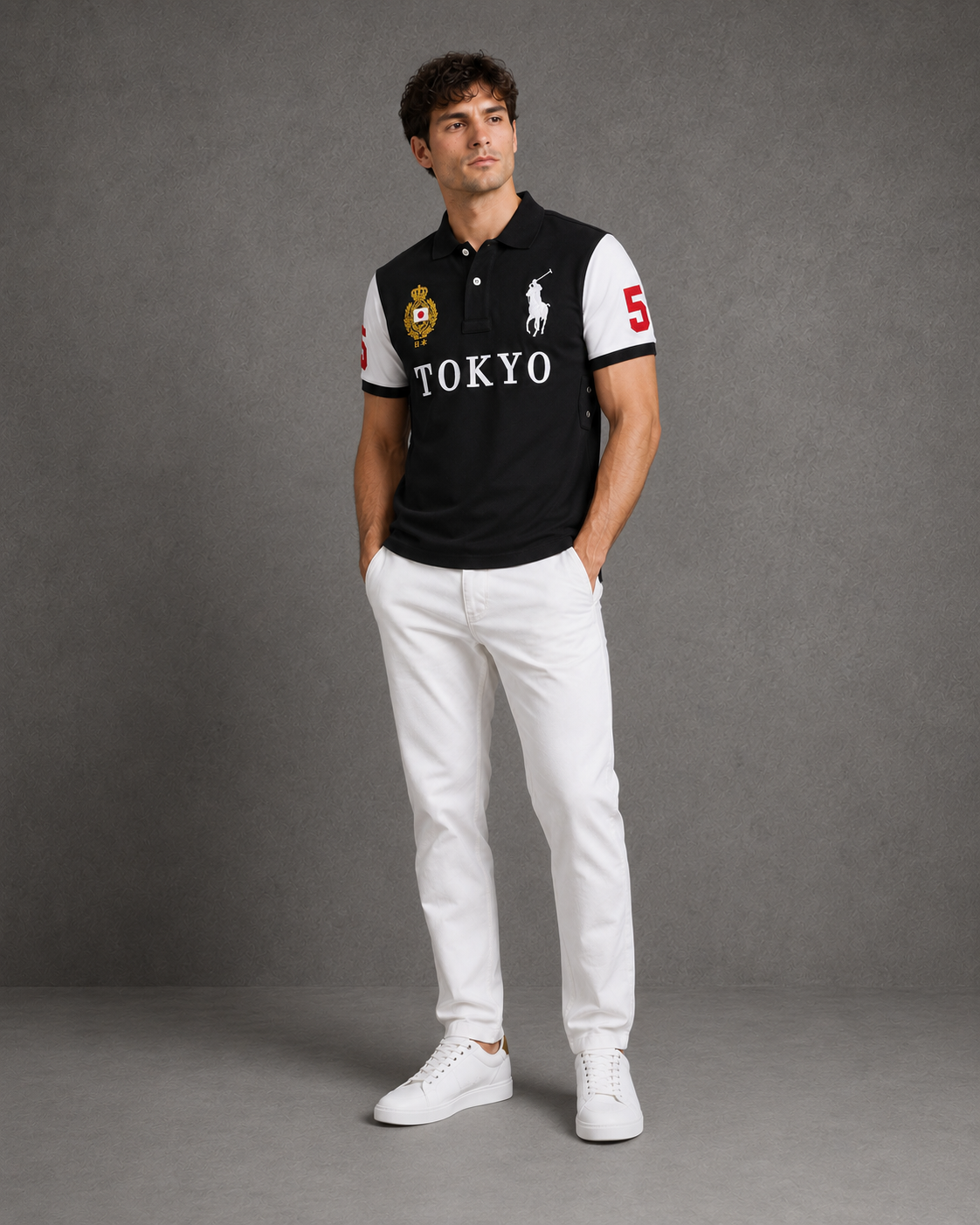 Tokyo Black polo on model angled photo