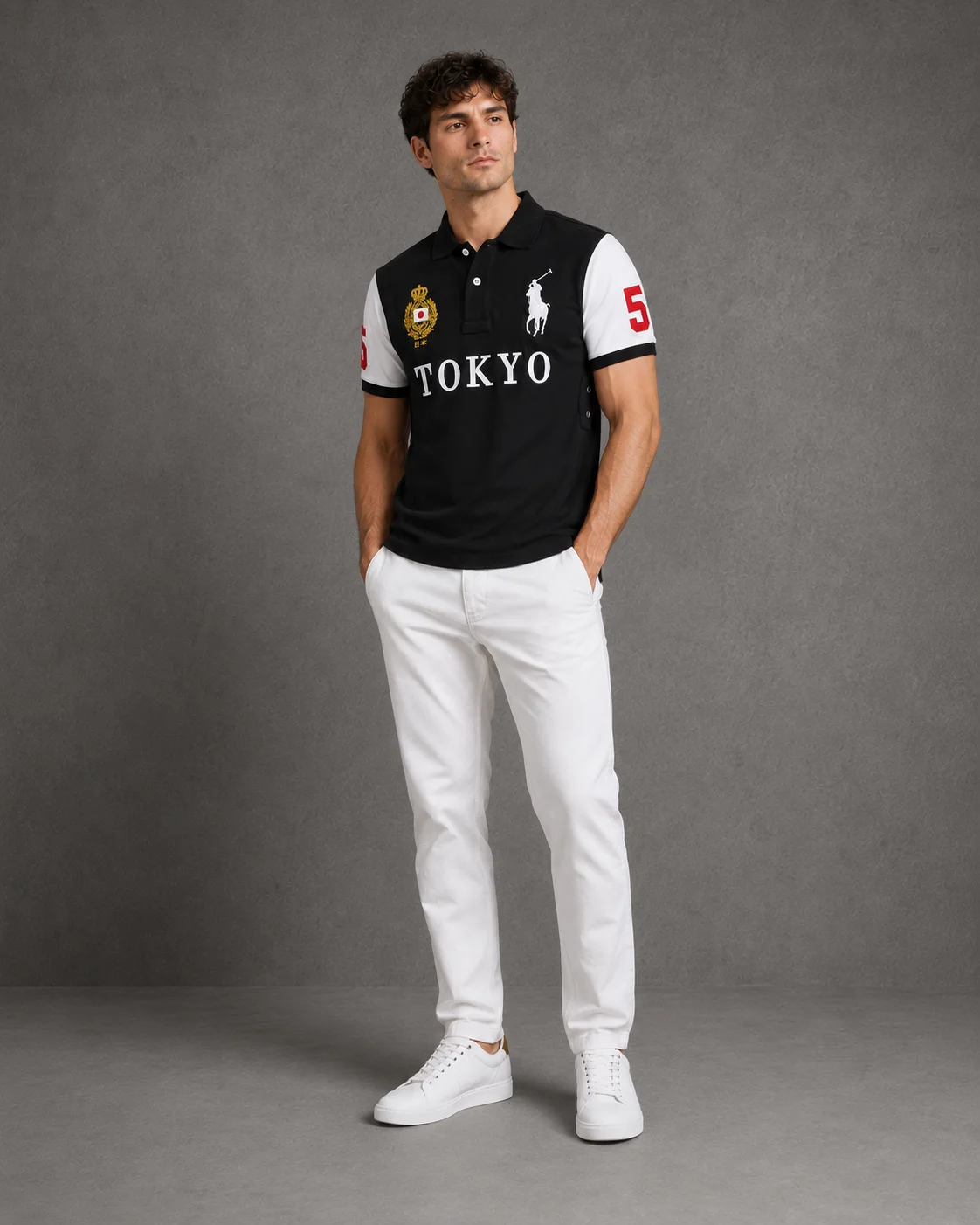 Tokyo Black polo on model angled photo