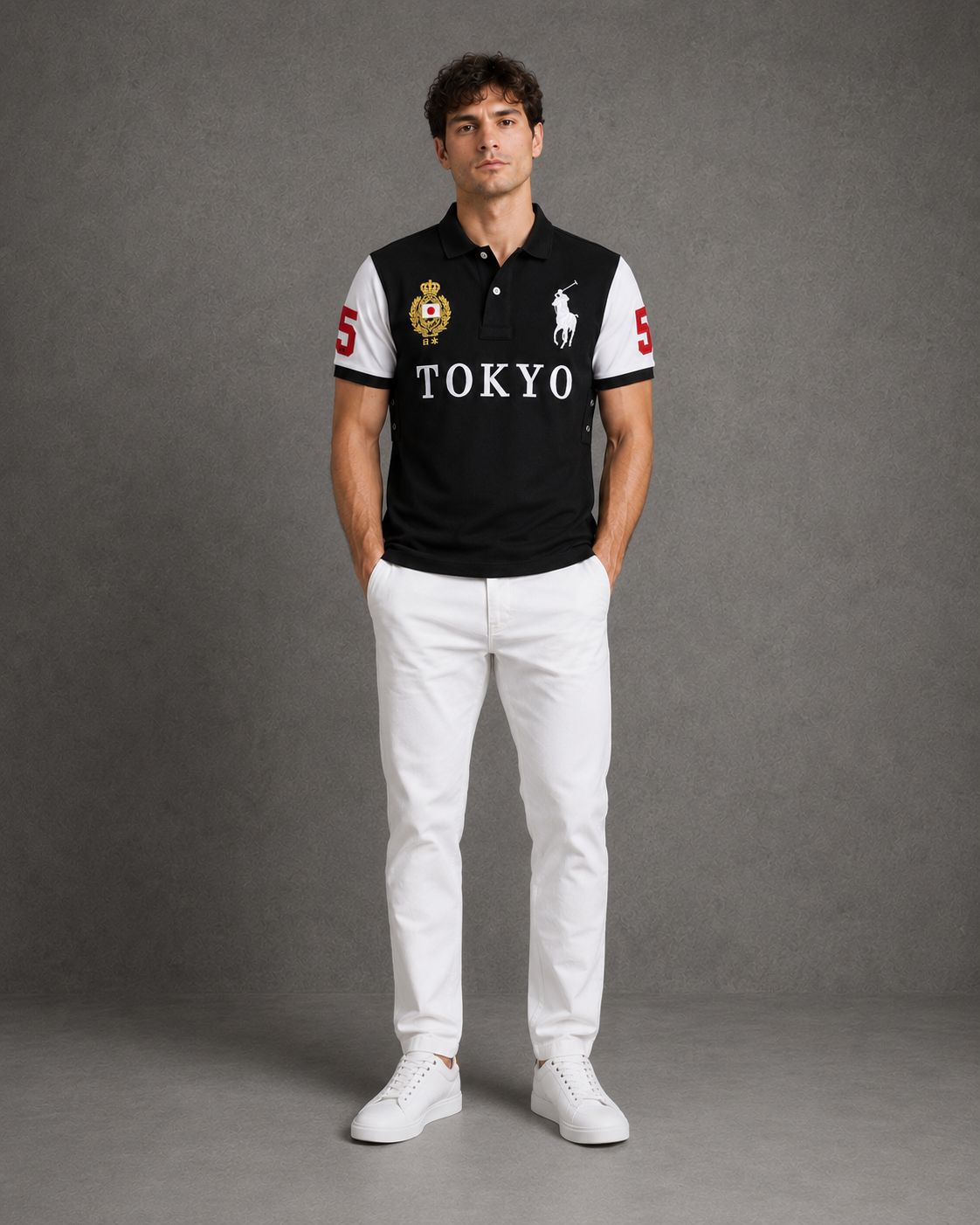 Tokyo Black polo on model front photo
