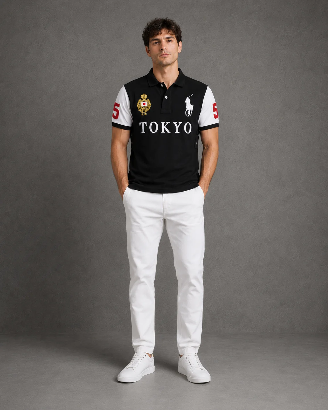 Tokyo Black polo on model front photo